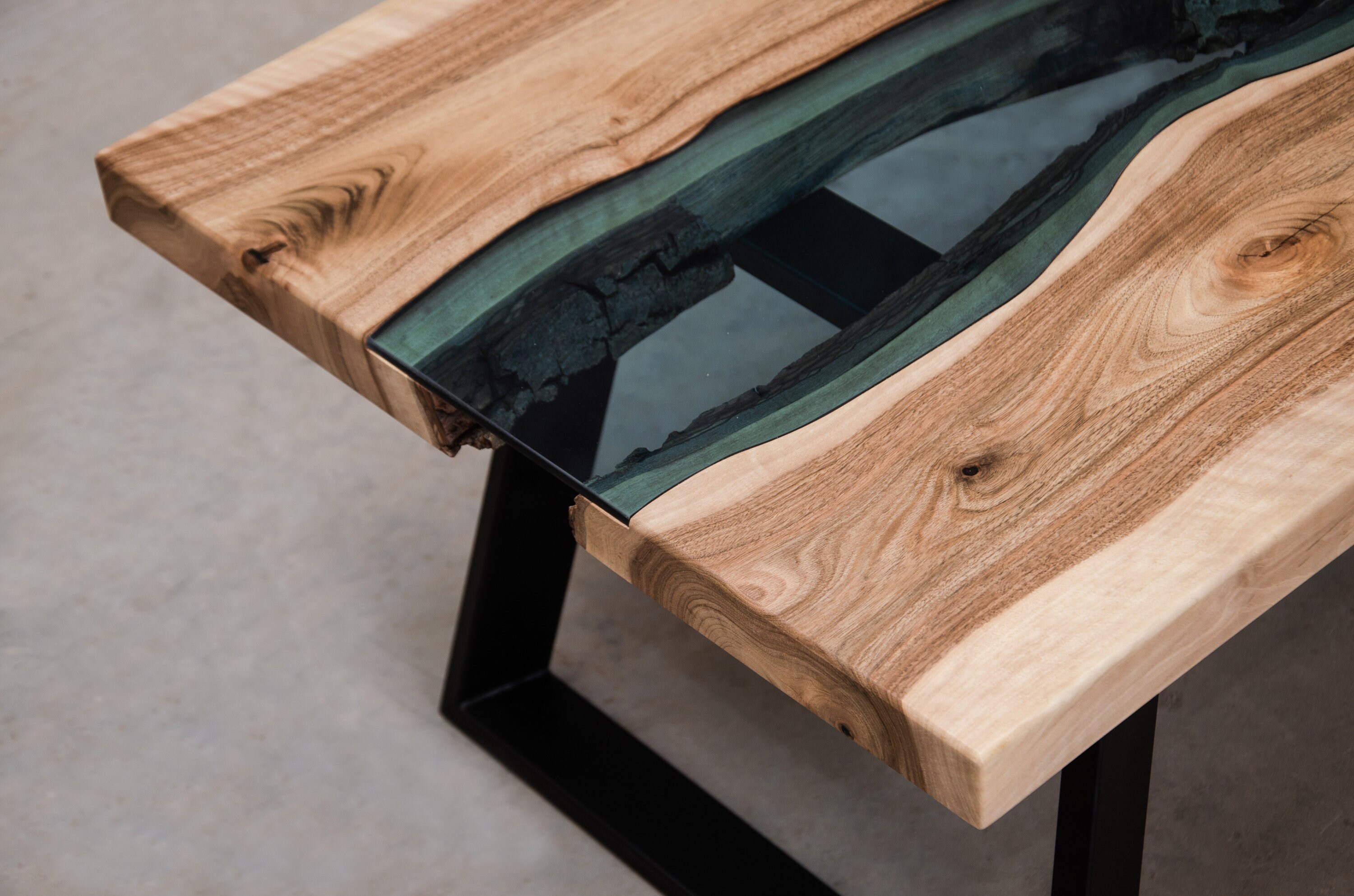 Custom Live Edge Table With Blue Glass River Table Walnut Coffee