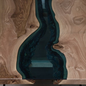 River coffee table made European walnut slabs, river edge coffee table with blue glass. image 4
