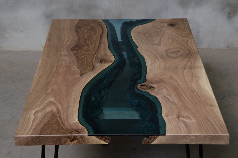 River coffee table made European walnut slabs, river edge coffee table with blue glass. image 1