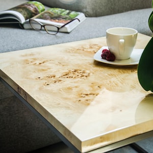 Square coffee table, small table made poplar burl verneer, vintage end table, suit to elegant living room.