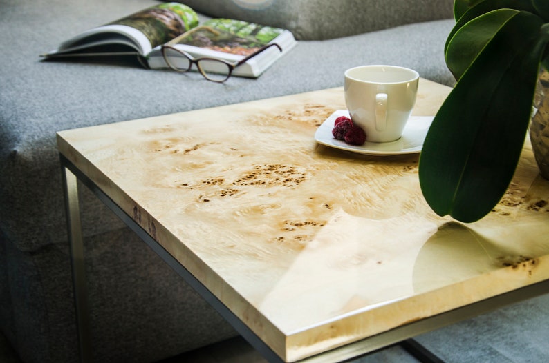 Square coffee table, small table made poplar burl verneer, vintage end table, suit to elegant living room. image 1