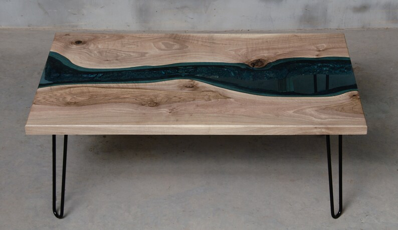River coffee table made European walnut slabs, river edge coffee table with blue glass. image 6
