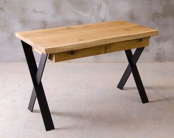 Live edge desk with two drawers, oak writing desk, industrial style.