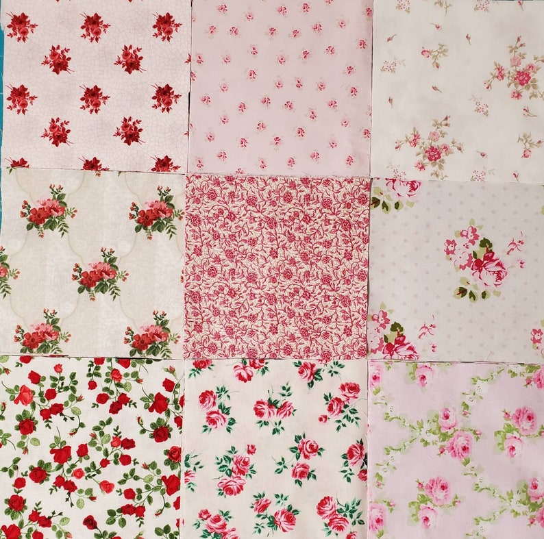 5 Rose Charms, Rose Fabric Squares, Cotton Material, Precut Quilting