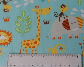 Safari Jungle Animals Cotton Fabric, Teal Nursery Fabric