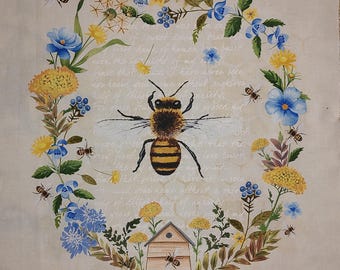 May include: A beige fabric with a gold beehive and bees. The text "Bee Kind Bee Positive" is at the top of the fabric. The text "Sweet as Honey" is at the bottom of the fabric. There are flowers and leaves surrounding the beehive. The text "Bee Happy", "Bee Kind", and "Bee Positive" are in hexagons around the beehive.