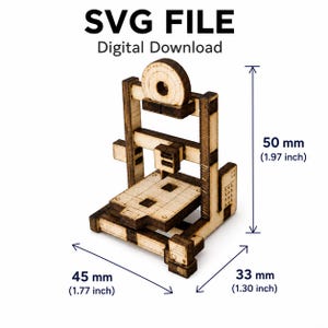 Op de afbeelding: Een lasergesneden houten 3D-printermodel met donkere, geschroeide randen. De tekst SVG FILE Digital Download is zichtbaar. De afmetingen zijn 50 mm hoog, 45 mm breed en 33 mm diep.