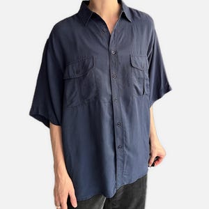 Vintage Silk Dark Blue Blouse Button-up