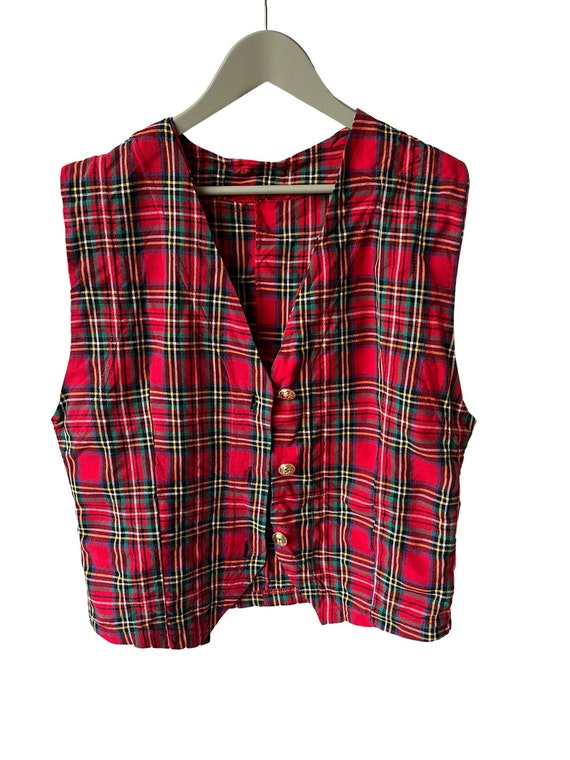 Vintage Red Plaid Vest with Gold Buttons - small - image 4