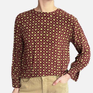 Vintage Burgundy Maroon & Green Flower Top - cotton