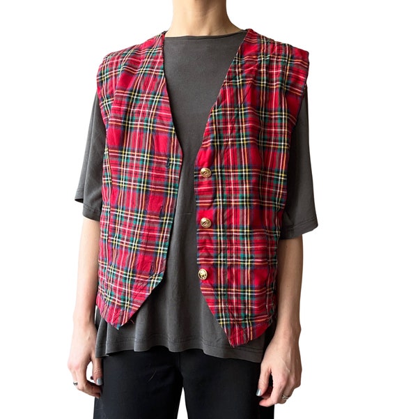 Vintage Red Plaid Vest with Gold Buttons - small - image 1