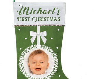 Personalized Baby First Christmas Stocking with Photo | Custom Name Christmas Stocking | Baby Keepsake Holiday Stocking