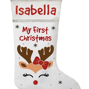 Personalized Baby Girl First Christmas Stocking: Handmade Cotton Reindeer