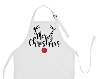May include: White kitchen apron with a black "Merry Christmas" text and reindeer antlers with a red glitter nose.