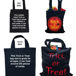 K&ouml;nnte beinhalten: Zwei schwarze Trick-or-Treat-Taschen aus Canvas. Die kleinere Tasche ist 8x9 Zoll gro&szlig; und die gr&ouml;&szlig;ere 13x13 Zoll. Beide Taschen haben den Text "Trick or Treat" in Rot und Wei&szlig; aufgedruckt.
