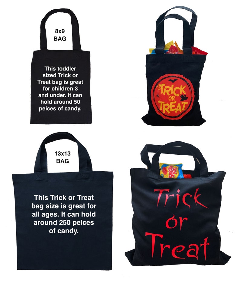 K&ouml;nnte beinhalten: Zwei schwarze Trick-or-Treat-Taschen aus Canvas. Die kleinere Tasche ist 8x9 Zoll gro&szlig; und die gr&ouml;&szlig;ere 13x13 Zoll. Beide Taschen haben den Text "Trick or Treat" in Rot und Wei&szlig; aufgedruckt.
