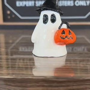Clay Ghost Holding Pumpkin with Witch Hat, Halloween Figurine, Ghost Decoration, Halloween Room Decor.