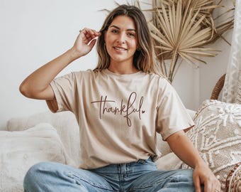 T-shirt de Thanksgiving pour femme, T-shirt reconnaissant, col rond