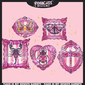 Puede incluir: Cinco marcos ornamentados de color rosa con diferentes insectos en su interior. Los marcos están decorados con un patrón a rayas y corazones. Los insectos incluyen una mariposa, una libélula, un escorpión, un escarabajo y una polilla.