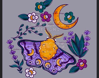 May include: A purple and gold moth with crescent moon details on its wings, surrounded by lavender flowers, a crescent moon, and purple and green flowers. The image has the text "Pixelcass Designs" at the top.