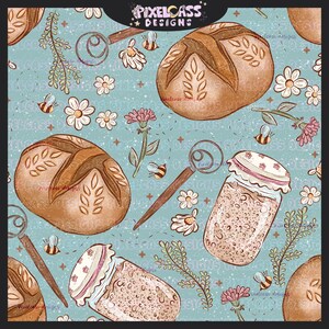 May include: A seamless pattern featuring a light blue background with brown loaves of bread, jars of sourdough starter, wooden dough whisks, bees, and white and pink flowers.