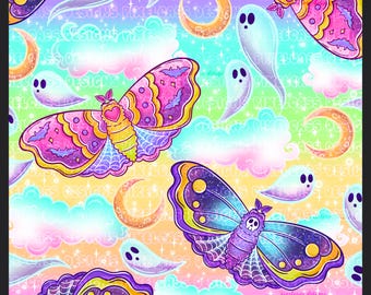 May include: A seamless pattern featuring a colorful rainbow background with clouds, stars, and moons.  The pattern also includes two butterflies with glitter accents, one pink and one purple, and white ghosts.