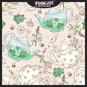 May include: A seamless pattern featuring teapots filled with green tea, cannabis leaves, and flowers. The design also includes bees, joints, and other floral elements on a light beige background.
