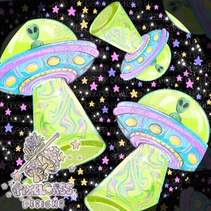 May include: A seamless pattern featuring green aliens in flying saucers with swirling green, purple, and yellow beams of light. The background is black with scattered stars in pink, purple, yellow, and blue.