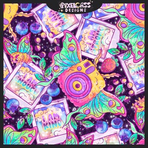 May include: A colorful, psychedelic pattern featuring a repeating design of butterflies, cameras, and Polaroid-style photos with inspirational messages like "I am enough" and "I am kind". The background is a dark blue with stars and moons.