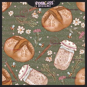 Puede incluir: Un patrón sin costuras con fondo verde con panes marrones, frascos de masa madre, abejas y margaritas blancas.