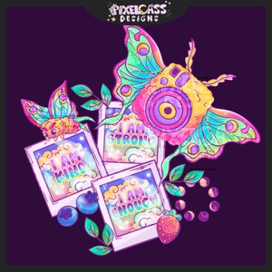 May include: A colorful illustration of a butterfly with a camera lens for a head. The butterfly is surrounded by three polaroid photos with the words "I am kind", "I am strong", and "I am enough" written on them. The image also includes blueberries, a strawberry, and leaves.