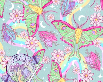May include: A seamless pattern featuring green and pink moths, crystals, daisies, and crescent moons on a light blue background. The pattern is reminiscent of a whimsical, magical forest.