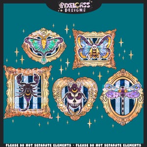 May include: Five ornate gold frames with a teal blue background. Each frame contains a different illustration: a moth, a dragonfly, a scorpion, a skull, and a butterfly. The frames are decorated with intricate details and have a vintage aesthetic.