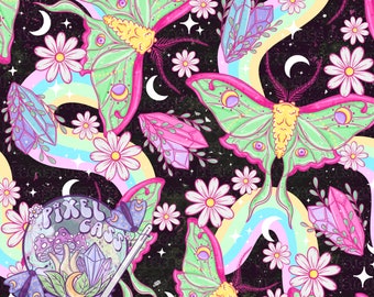 May include: A repeating pattern featuring large green moths with pink accents, daisies, crystals, rainbows, moons, and stars on a dark background. The design includes a crystal ball with the text "Pixel Cast Designs".