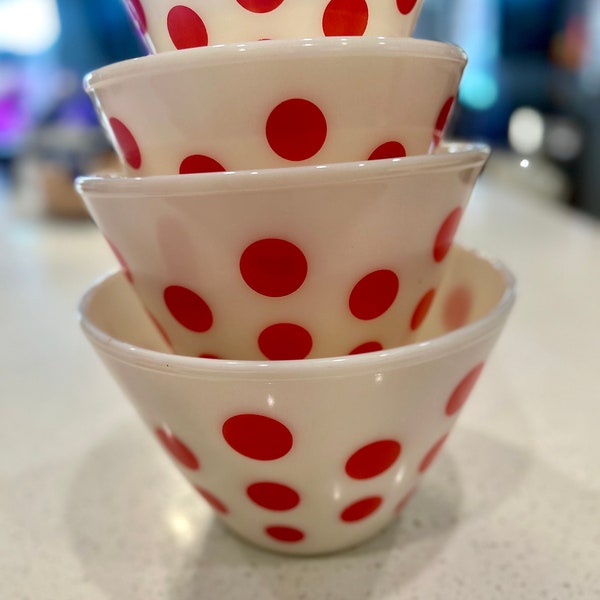 Vintage Fire King Red Polka Dot Nesting Bowl Set /w Grease Jar