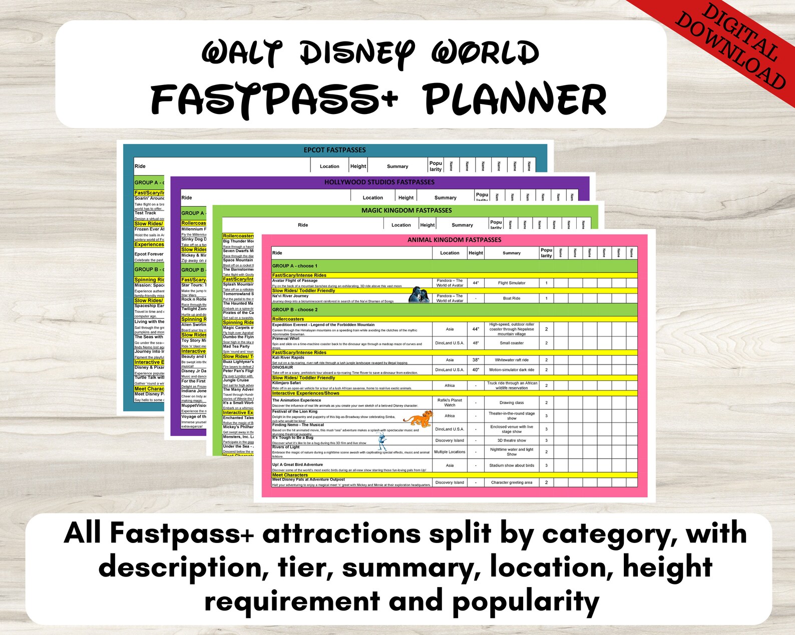 Disney Fastpass Planning Template with Attractions Disney Etsy