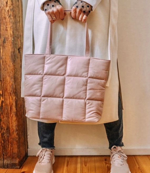 Large Quilted Leather Tote Bag Soft Puffy Leather Purse Etsy