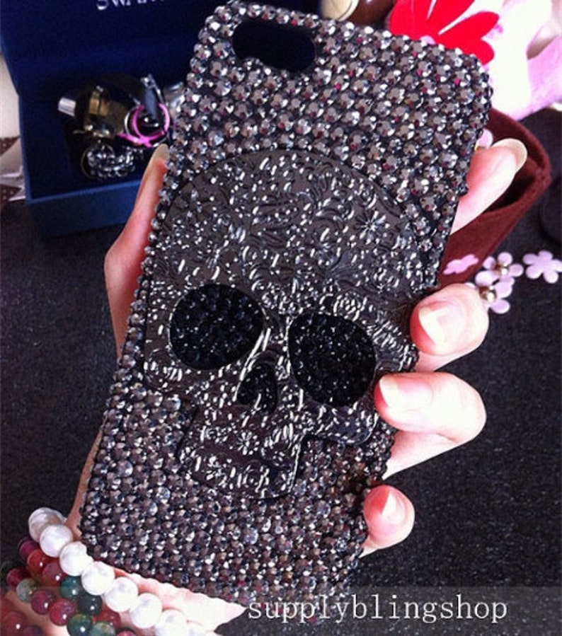 Punk Metal Silver Skull Bling Lovely Fashion Sparkles Charms Glossy Jewelled Crystals Rhinestones Diamonds Hard Cover Case for Mobile Phone 