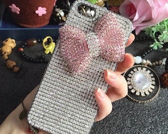 Bling Luxury Pink 3D Bow Lovely Fashion Sparkles Charms Glossy Jewelled Crystals Rhinestones Diamonds Gems Hard Cover Case for Mobile Phone