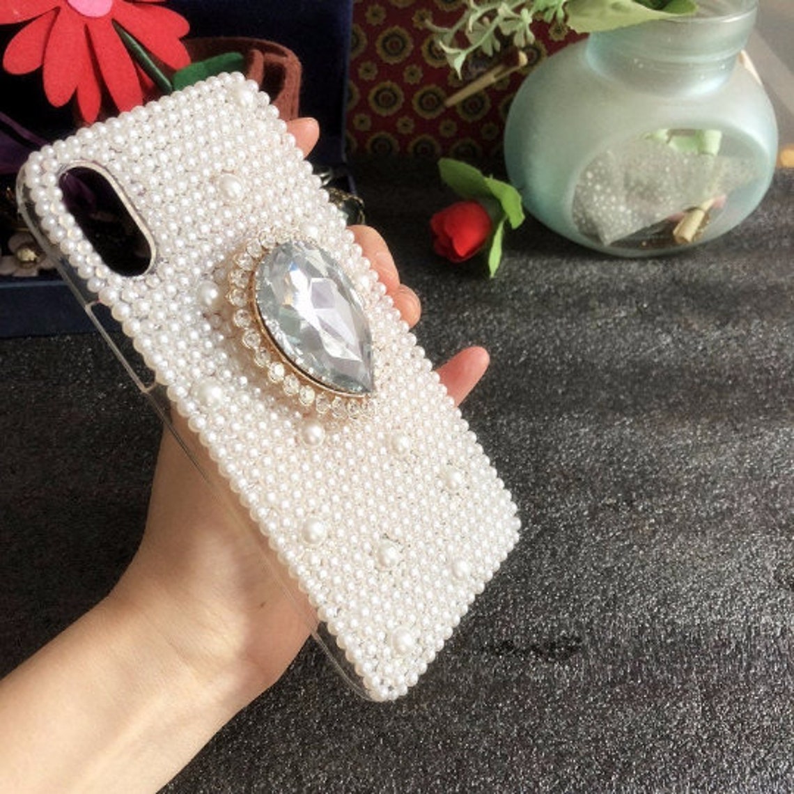 New Lovely Pearls Phone Case Charms Big Crystal Rhinestones Etsy