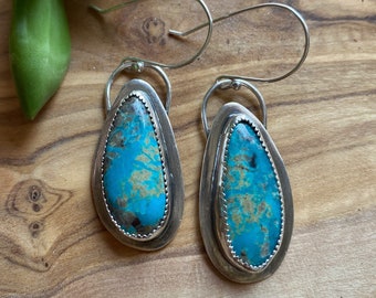 Blue Tyrone Turquoise Dangle Earrings - Sterling Silver French Wires - Artisan Made