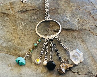 Trinket Charm Pendant Necklace | Stainless Steel Chain | Cracker Jack Gun Charm | Turquoise Bear | Glass Beads