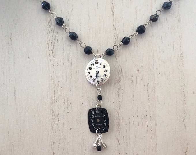 Vintage Watch Face Pendant Necklace with Vintage Iridescent Black Glass Bead Rosary Chain