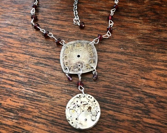 Vintage Watch Face Pendant Necklace w/ Sterling and Garnet Chain