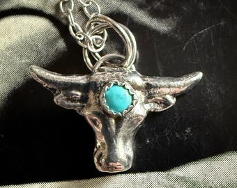 Sterling Silver Steer Necklace, Kingman Turquoise, Vintage Cracker Jack Charms