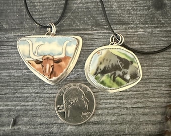 Vintage China Shard Pendant Necklace - Sterling Silver - Recycled Souvenir Plate Jewelry