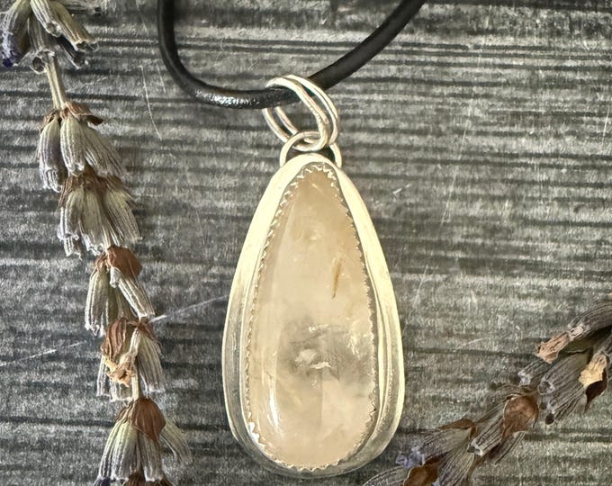 Rutilated Quartz Pendant Necklace - Teardrop - Sterling Silver - Leather Cord