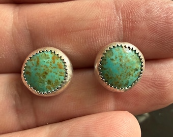 Round Sonoran Gem Turquoise Stud Earrings - Green Turquoise - Sterling Silver