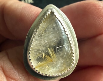 Rutilated Quartz Ring - Teardrop - Sterling Silver - Size 7.5 - Handmade One of a Kind Ring