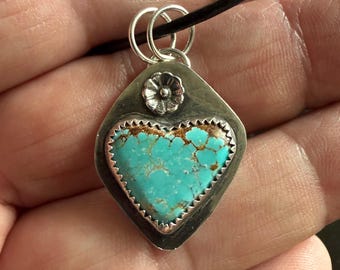 Number 8 Turquoise Heart Pendant - Sterling Silver - Natural Turquoise